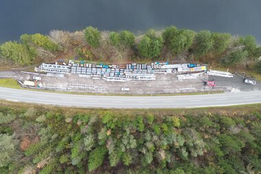 Salzwelten Hallstatt Umbau Salzbergbahn Parkplatz Steeg Bad Goisern, Materiallager neue Salzbergbahn, Ansicht Vogelperspektive  | © Salzwelten