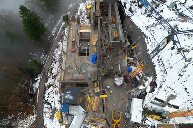 Salzwelten Hallstatt Neue Bergstation Vogelperspektive Schnee Grundriss | © Salzwelten